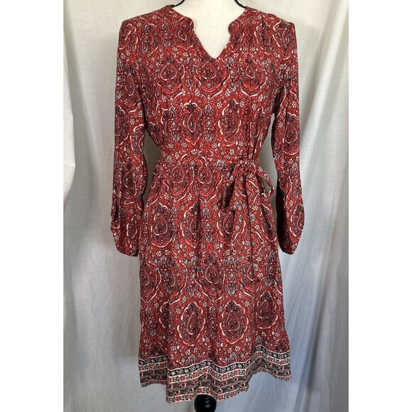 Lucky Brand Dresses & Skirts - Lucky Brand Mitchell Border Print Chili Red Paisley Bohemian Belt Dress Size S